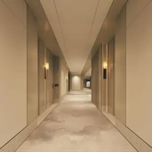 A long, carpeted hallway in Dubai, featuring a bright light at the end, creating a sense of depth and perspective.